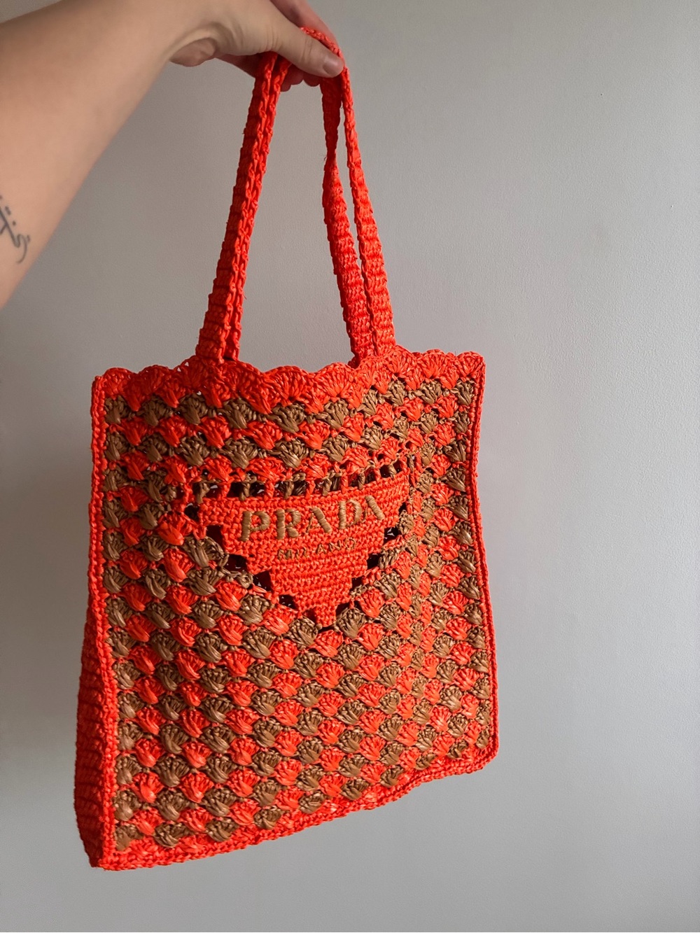 Prada Two-Toned Crochet Raffia Grass Tote Bag